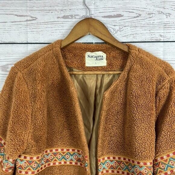 Savanna Jane Jacket Womens Large Brown Embroidered Fuzzy Sherpa Southwestern - Picture 3 of 12